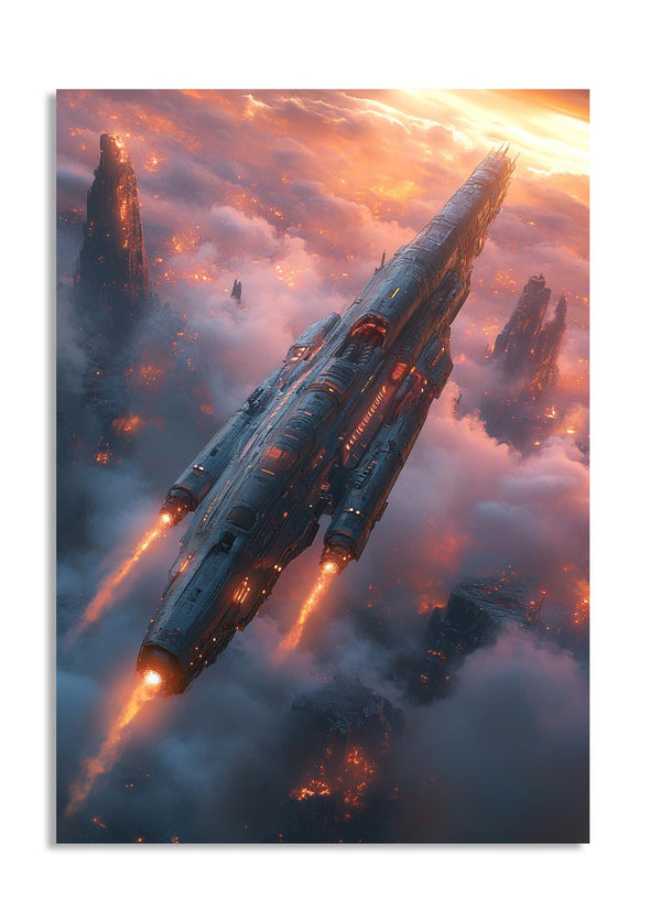 Science fiction spaceship in a fiery, otherworldly landscape, as a premium aluminum metal print from GoMetalPrint.
