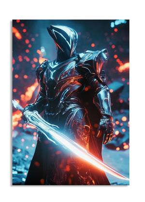 Character in futuristic armor holding a lightsaber with a dark, fiery background, as a premium aluminum metal print from GoMetalPrint.
