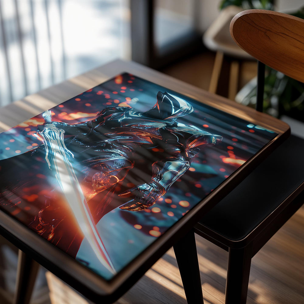 Character in futuristic armor holding a lightsaber with a dark, fiery background, as a premium aluminum metal print from GoMetalPrint.
