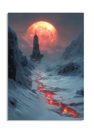 Futuristic cityscape with a large orange moon in a snowy landscape, as a premium aluminum metal print from GoMetalPrint.
