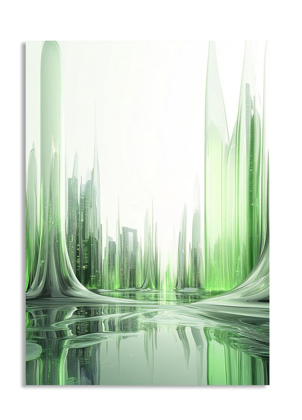 Futuristic cityscape with green and white architecture on a reflective surface, as a premium aluminum metal print from GoMetalPrint.
