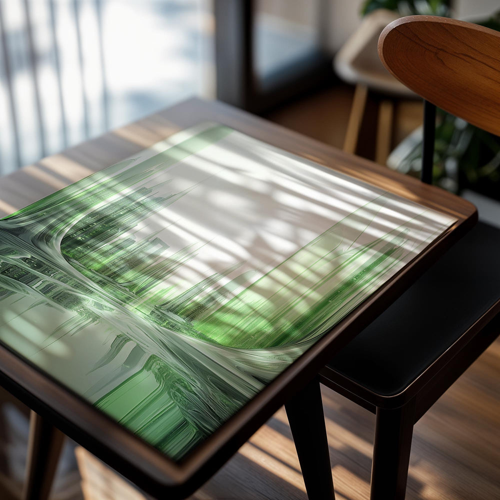 Futuristic cityscape with green and white architecture on a reflective surface, as a premium aluminum metal print from GoMetalPrint.
