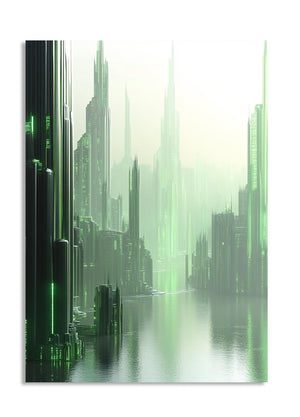 Futuristic cityscape with tall buildings and green lights on a white background, as a premium aluminum metal print from GoMetalPrint.

