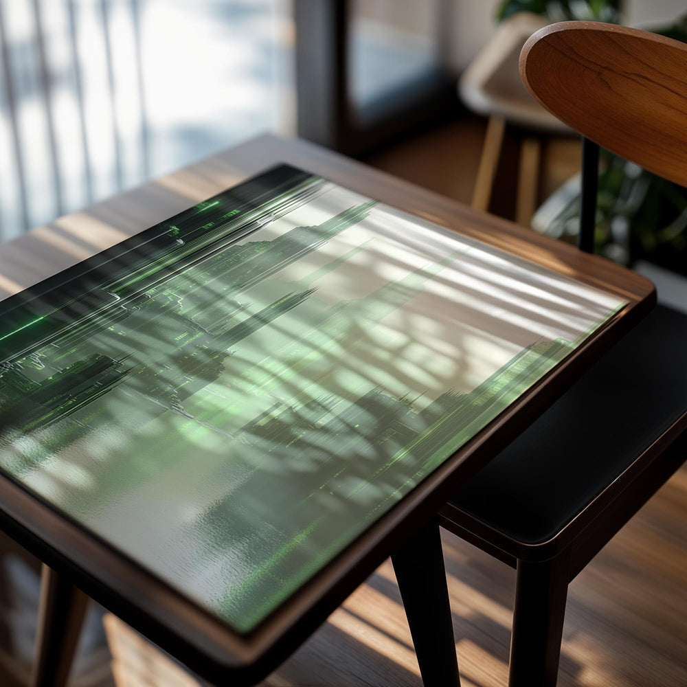 Futuristic cityscape with tall buildings and green lights on a white background, as a premium aluminum metal print from GoMetalPrint.
