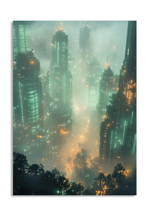 Futuristic cityscape with tall buildings and a misty atmosphere, as a premium aluminum metal print from GoMetalPrint.

