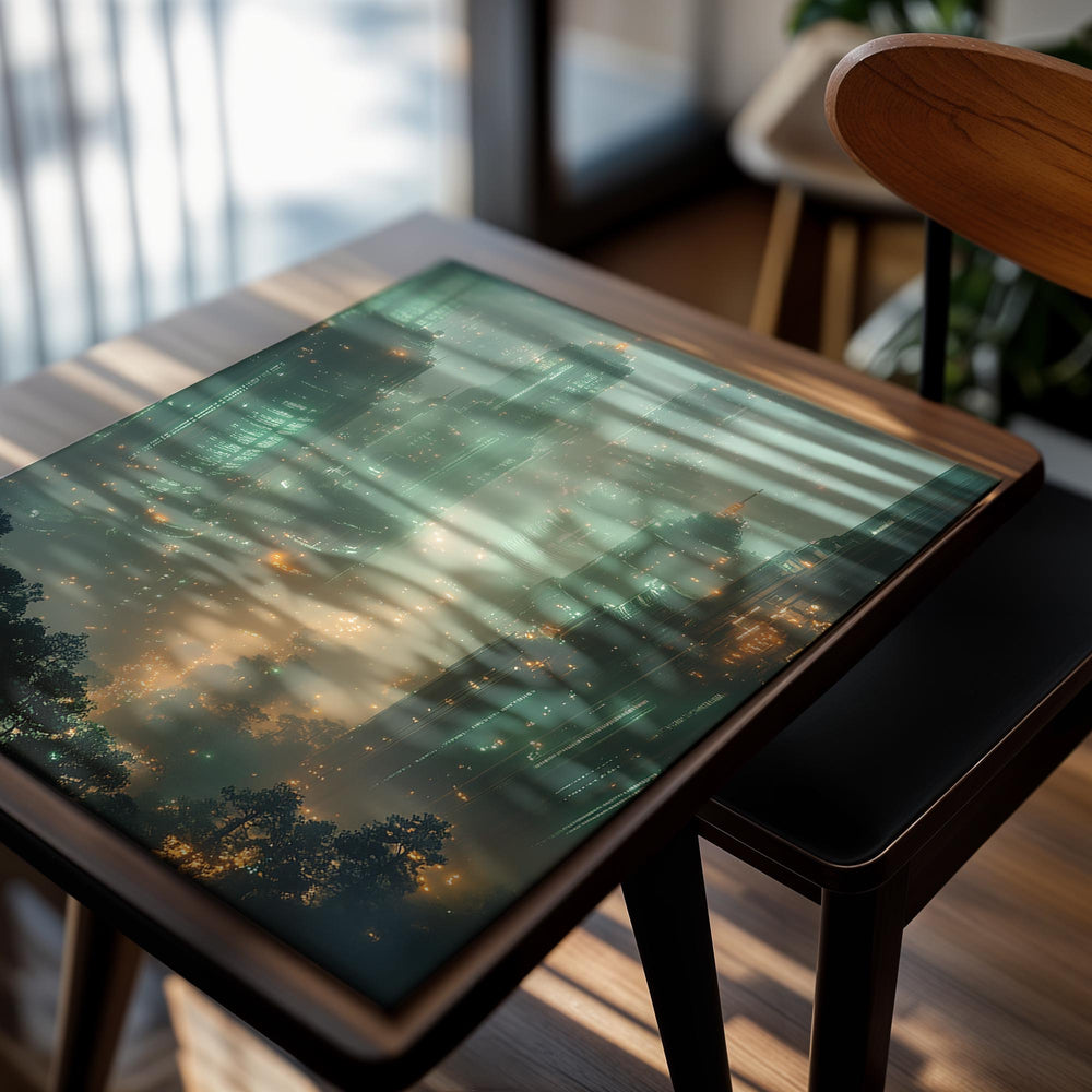 Futuristic cityscape with tall buildings and a misty atmosphere, as a premium aluminum metal print from GoMetalPrint.
