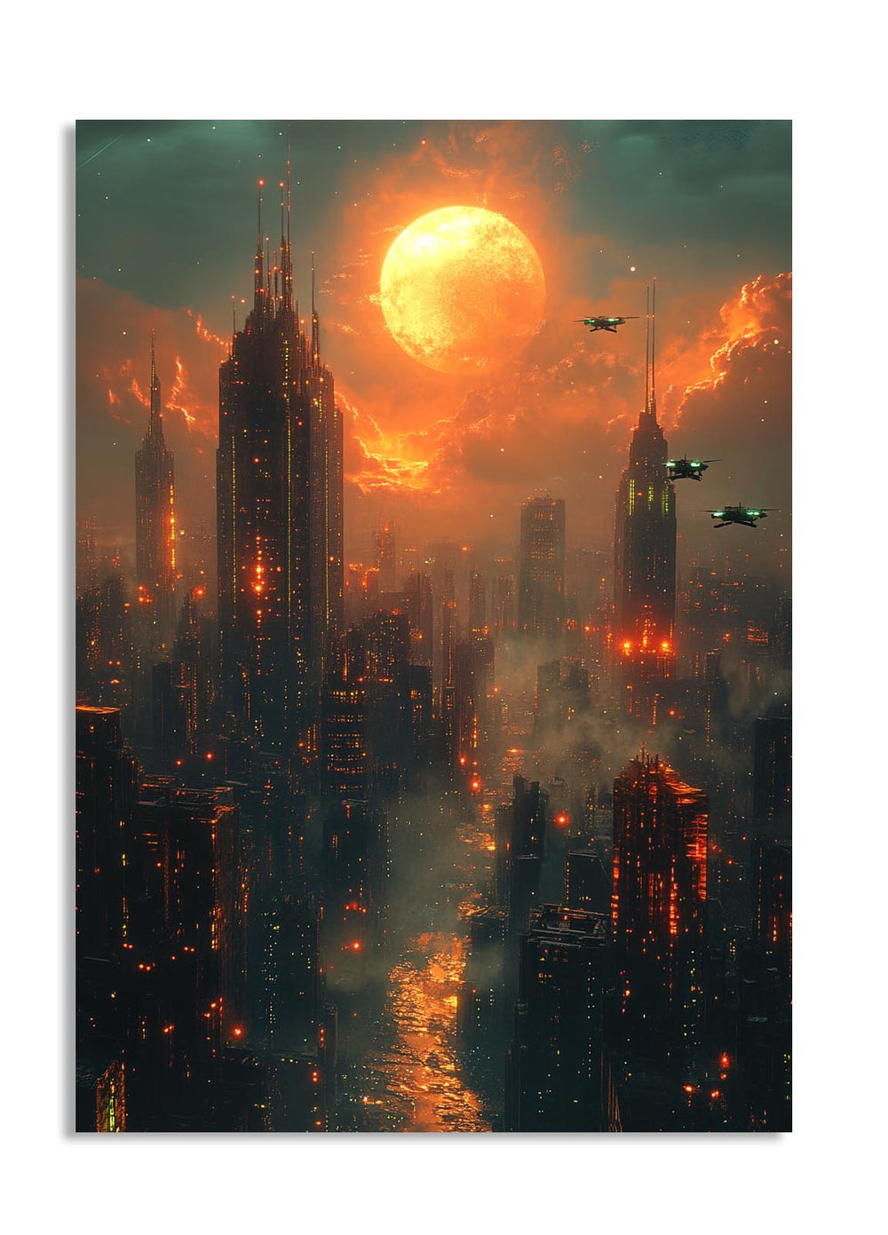 Sci-fi cityscape with tall buildings and a large orange sun in the sky, as a premium aluminum metal print from GoMetalPrint.
