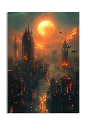 Sci-fi cityscape with tall buildings and a large orange sun in the sky, as a premium aluminum metal print from GoMetalPrint.
