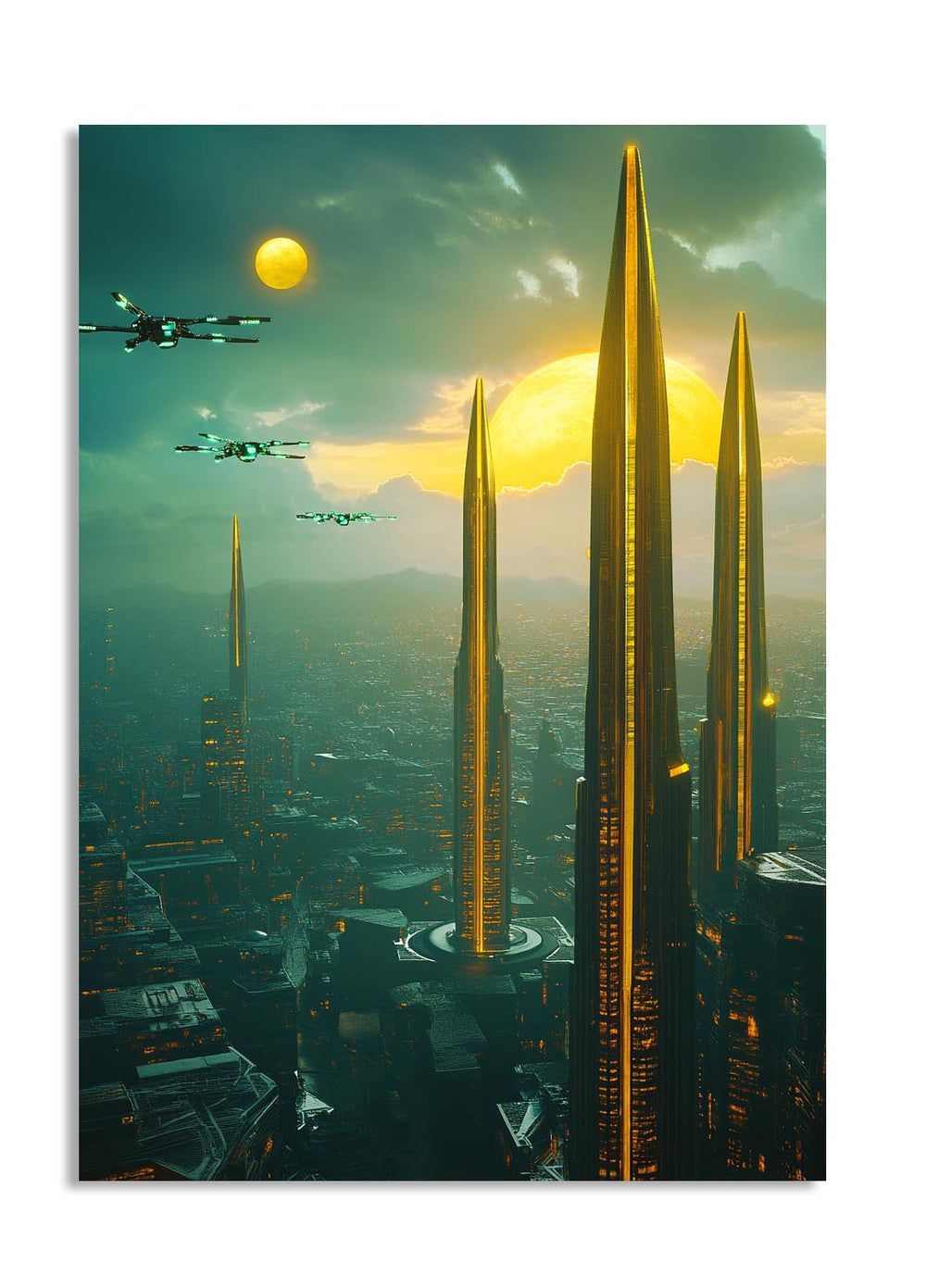 Futuristic cityscape with tall golden towers and flying spacecraft under a double sun., as a premium aluminum metal print from GoMetalPrint.
