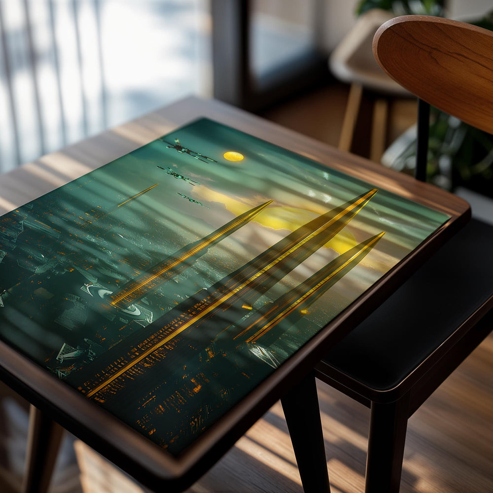 Futuristic cityscape with tall golden towers and flying spacecraft under a double sun., as a premium aluminum metal print from GoMetalPrint.
