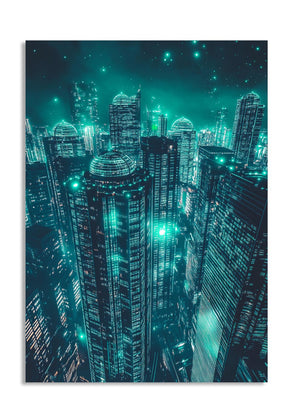 A futuristic cityscape with tall buildings and glowing lights at night, as a premium aluminum metal print from GoMetalPrint.
