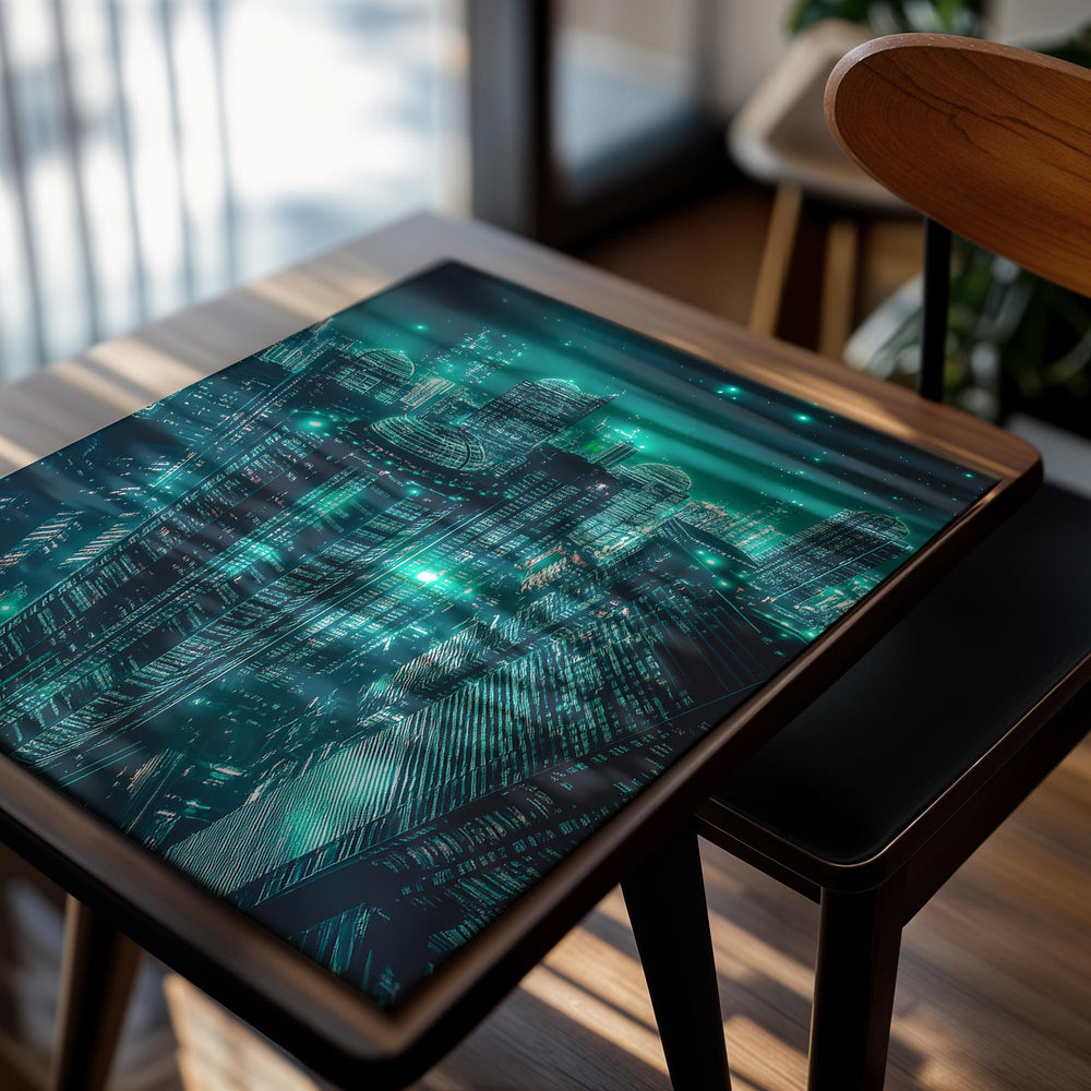 A futuristic cityscape with tall buildings and glowing lights at night, as a premium aluminum metal print from GoMetalPrint.
