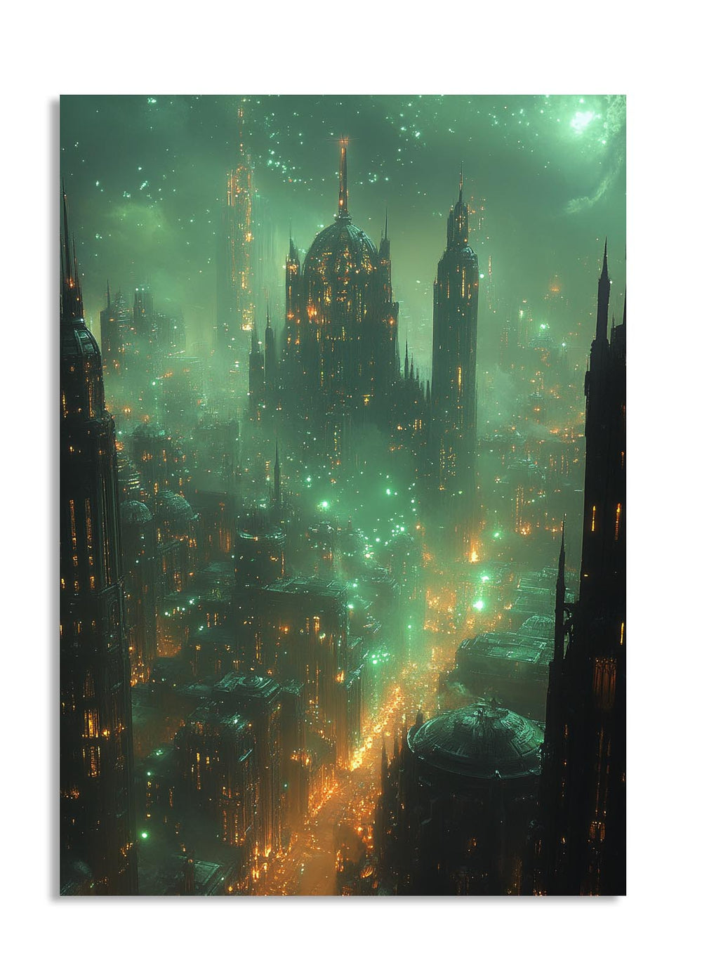 Futuristic cityscape with tall buildings and green neon lights, as a premium aluminum metal print from GoMetalPrint.
