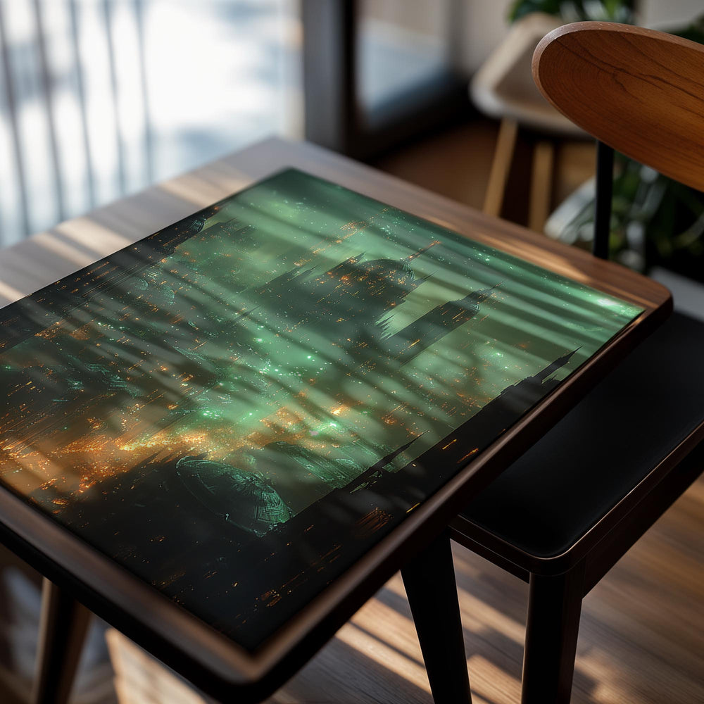 Futuristic cityscape with tall buildings and green neon lights, as a premium aluminum metal print from GoMetalPrint.
