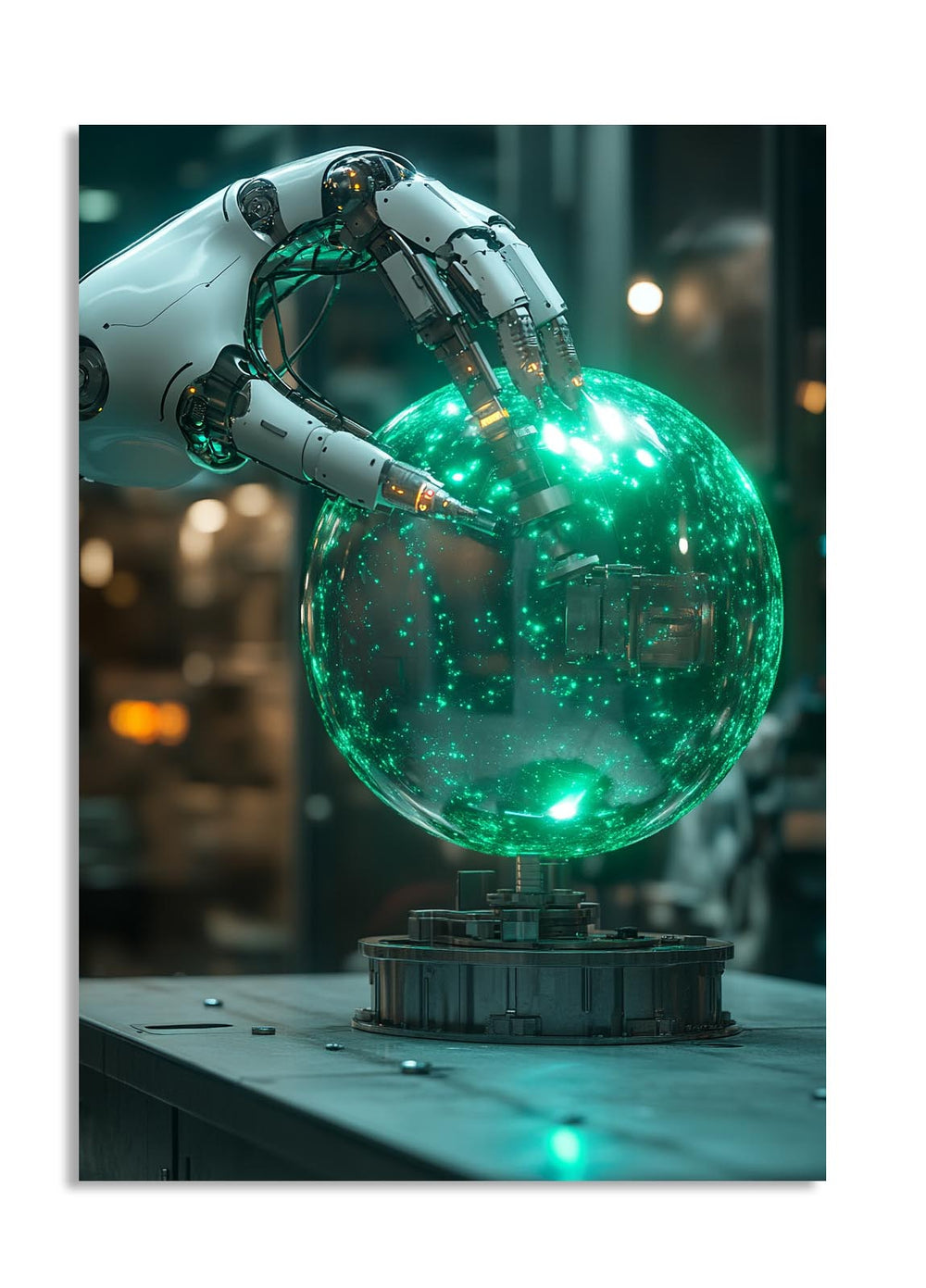 Robotic hand holding a glowing green sphere with a blurred cityscape background, as a premium aluminum metal print from GoMetalPrint.
