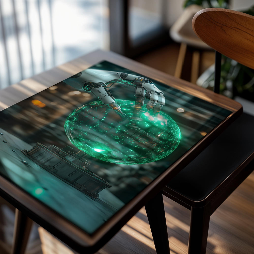 Robotic hand holding a glowing green sphere with a blurred cityscape background, as a premium aluminum metal print from GoMetalPrint.
