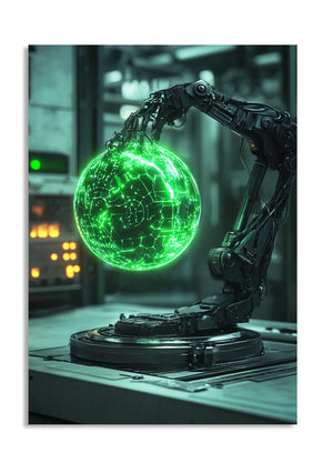 Robotic arm holding a glowing green sphere with intricate patterns in a futuristic setting, as a premium aluminum metal print from GoMetalPrint.
