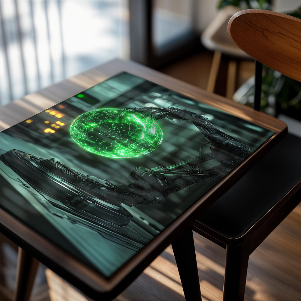 Robotic arm holding a glowing green sphere with intricate patterns in a futuristic setting, as a premium aluminum metal print from GoMetalPrint.
