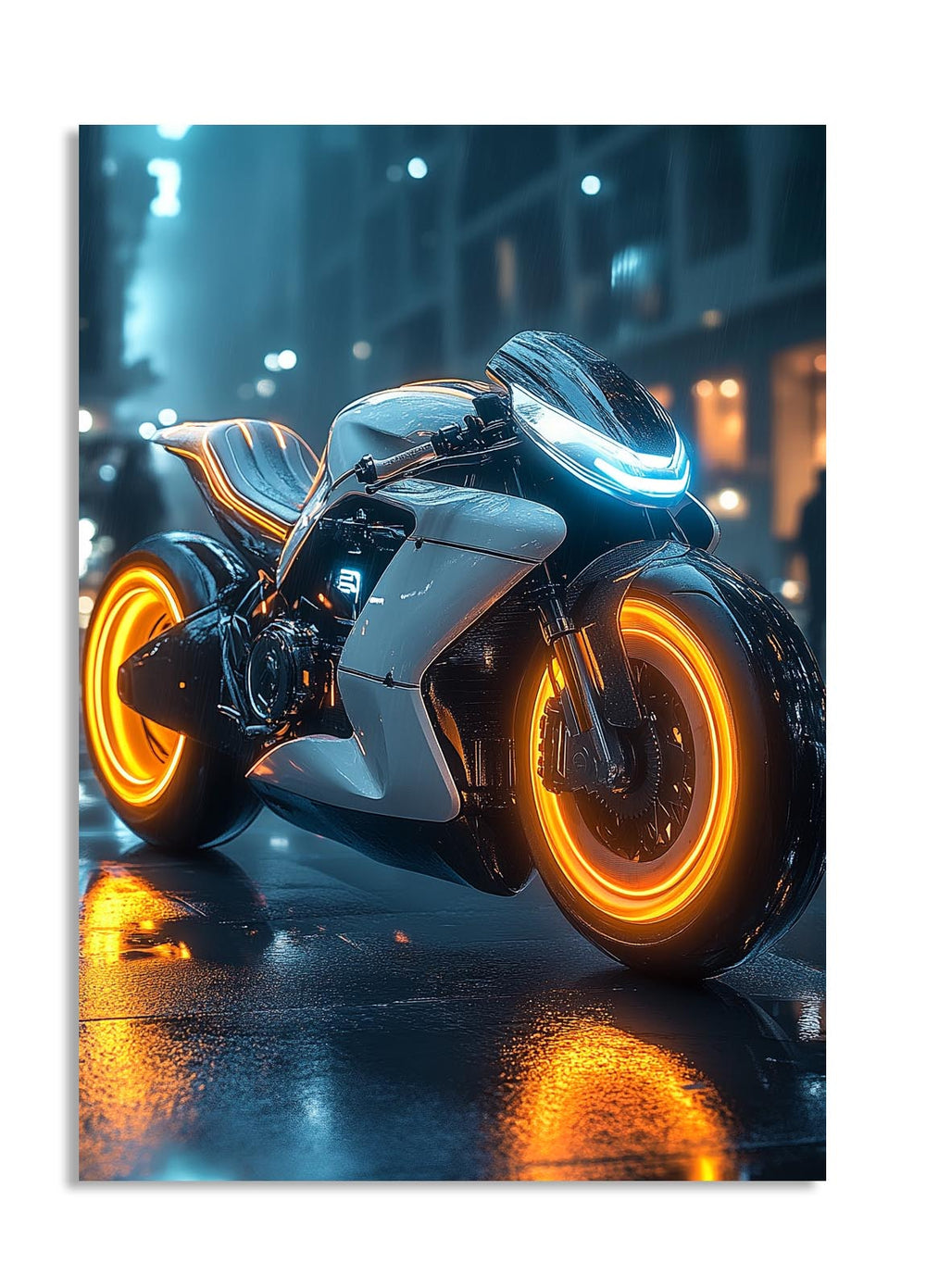 Futuristic motorcycle with glowing orange wheels on a wet street at night, as a premium aluminum metal print from GoMetalPrint.
