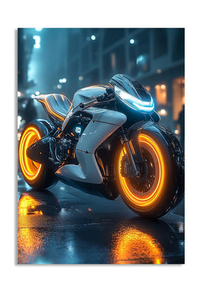 Futuristic motorcycle with glowing orange wheels on a wet street at night, as a premium aluminum metal print from GoMetalPrint.

