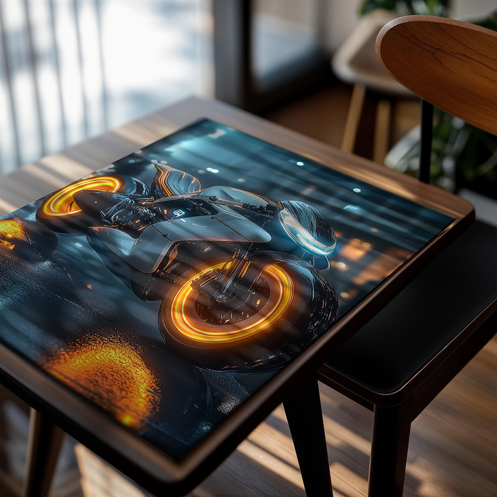 Futuristic motorcycle with glowing orange wheels on a wet street at night, as a premium aluminum metal print from GoMetalPrint.
