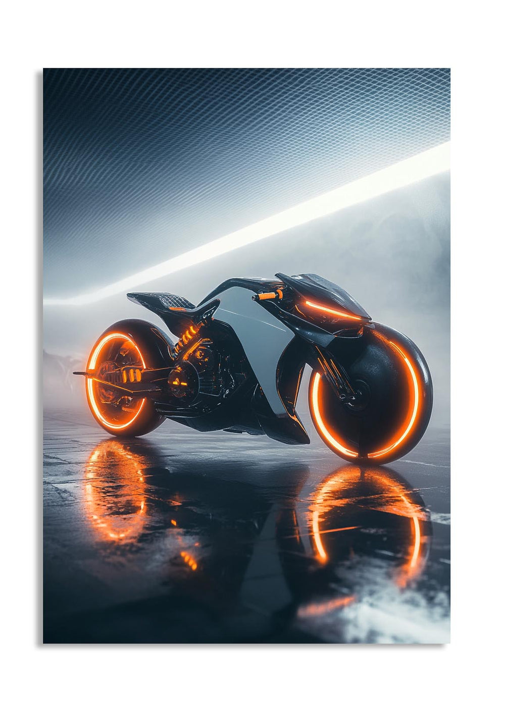 Futuristic motorcycle with glowing wheels on a reflective surface, as a premium aluminum metal print from GoMetalPrint.
