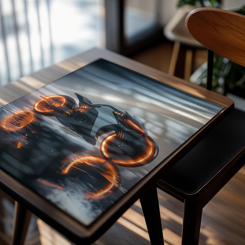 Futuristic motorcycle with glowing wheels on a reflective surface, as a premium aluminum metal print from GoMetalPrint.
