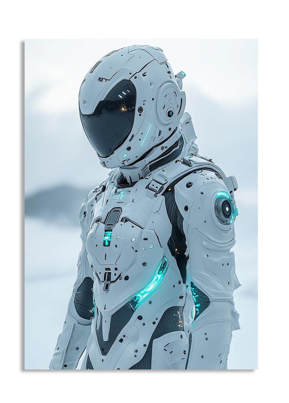 White astronaut suit with black accents against a light blue background, as a premium aluminum metal print from GoMetalPrint.
