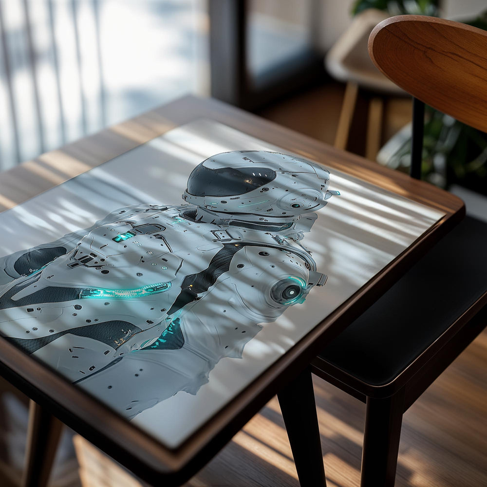 White astronaut suit with black accents against a light blue background, as a premium aluminum metal print from GoMetalPrint.
