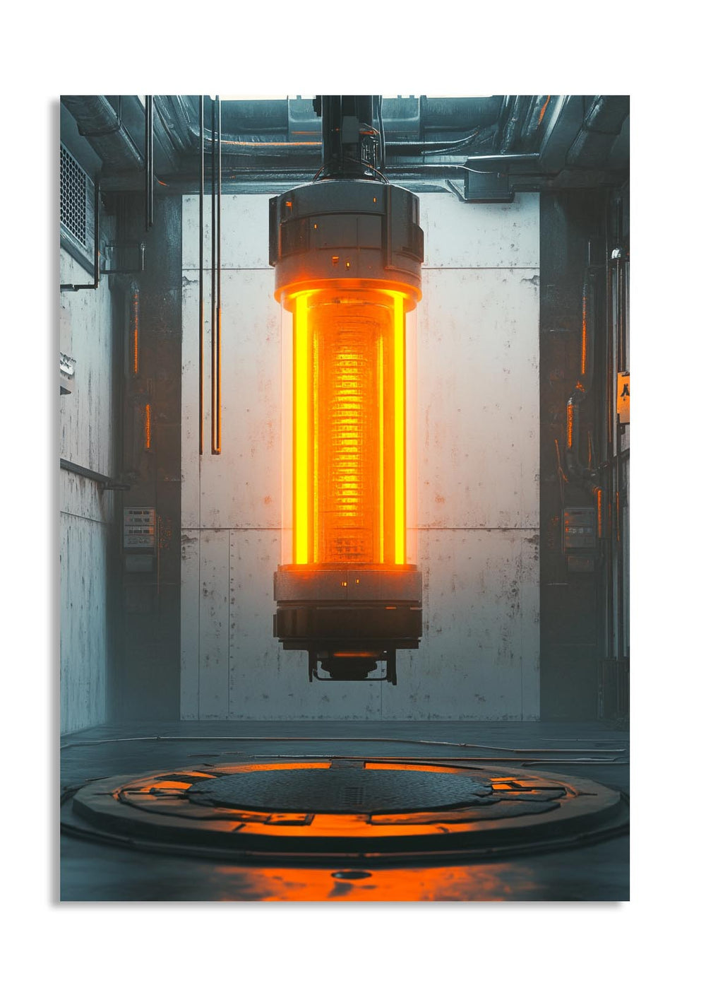 High-temperature furnace with glowing orange core in a industrial setting, as a premium aluminum metal print from GoMetalPrint.
