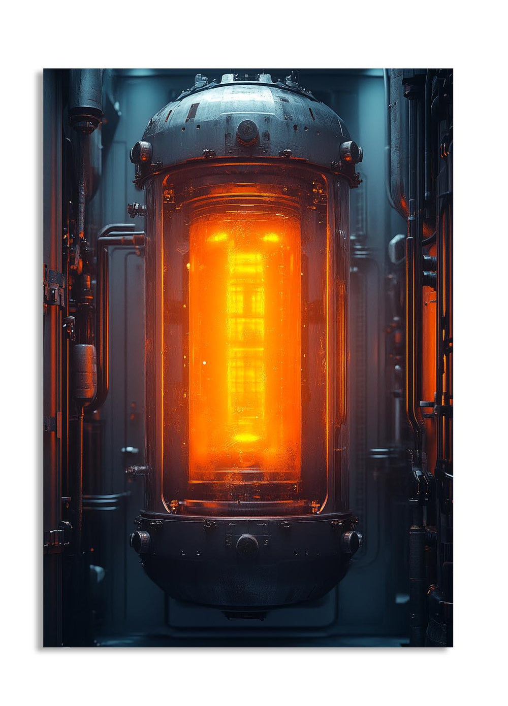 Industrial-style furnace with glowing orange interior, as a premium aluminum metal print from GoMetalPrint.
