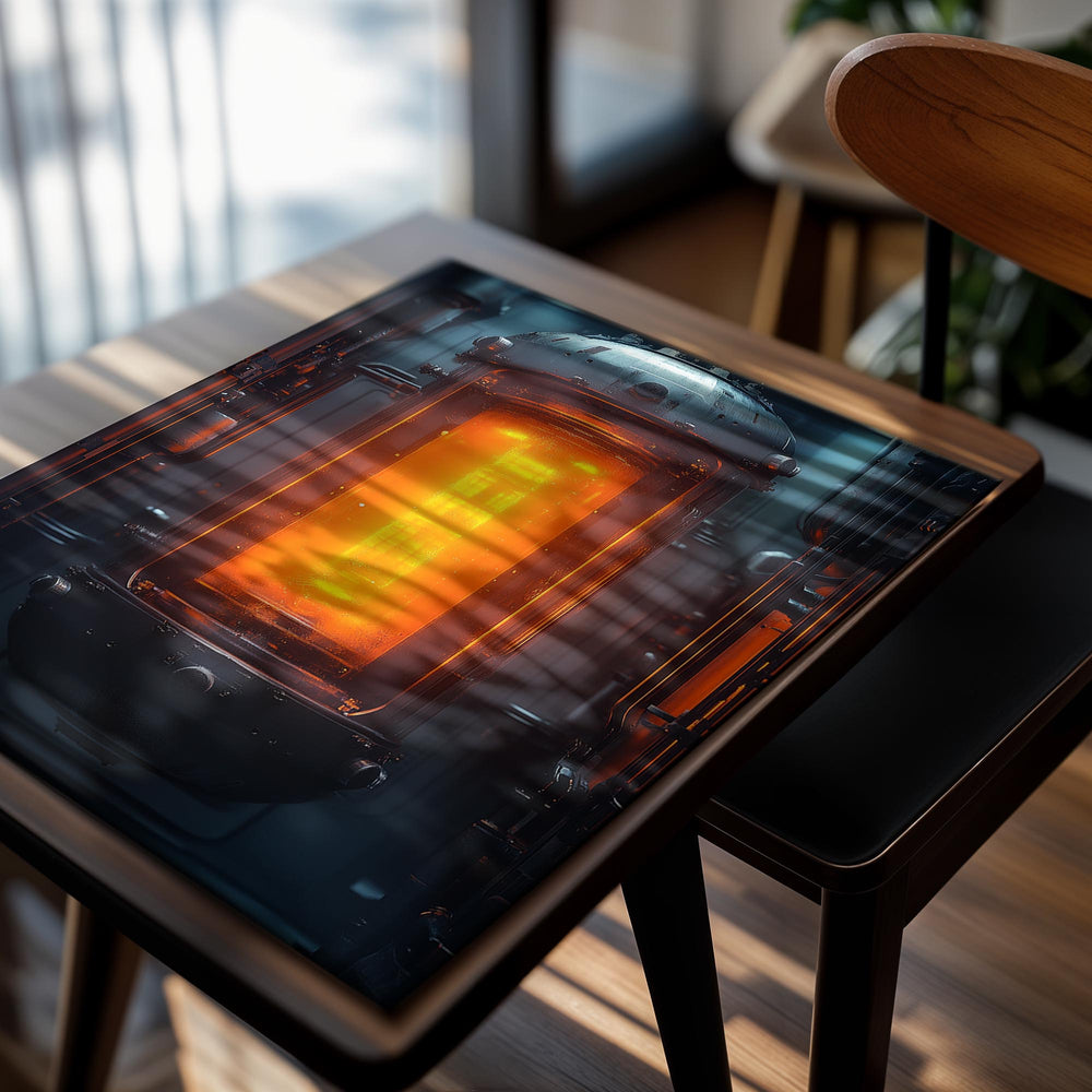 Industrial-style furnace with glowing orange interior, as a premium aluminum metal print from GoMetalPrint.
