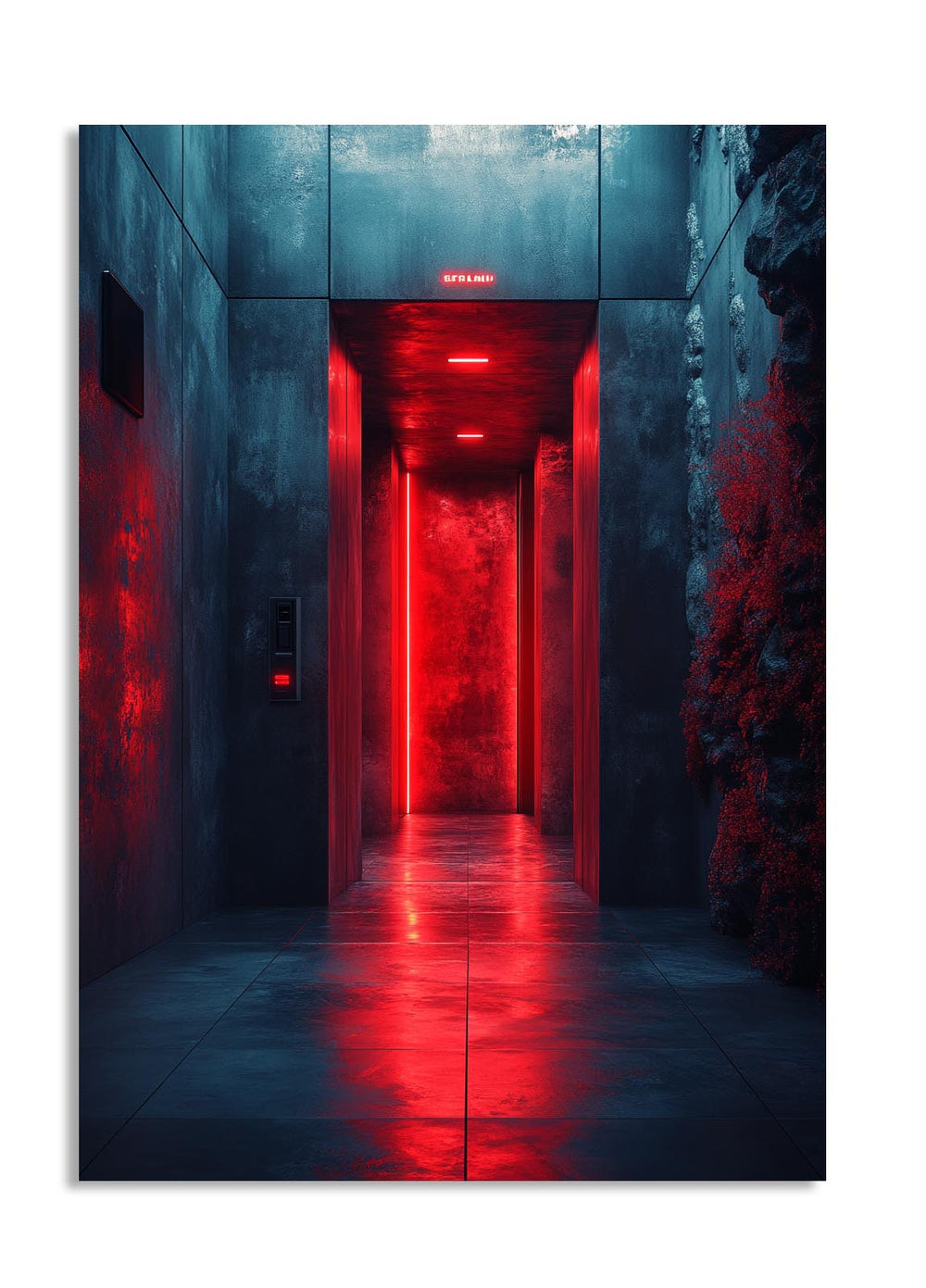 Elevator with red interior lights in a dark setting, as a premium aluminum metal print from GoMetalPrint.
