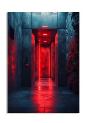 Elevator with red interior lights in a dark setting, as a premium aluminum metal print from GoMetalPrint.

