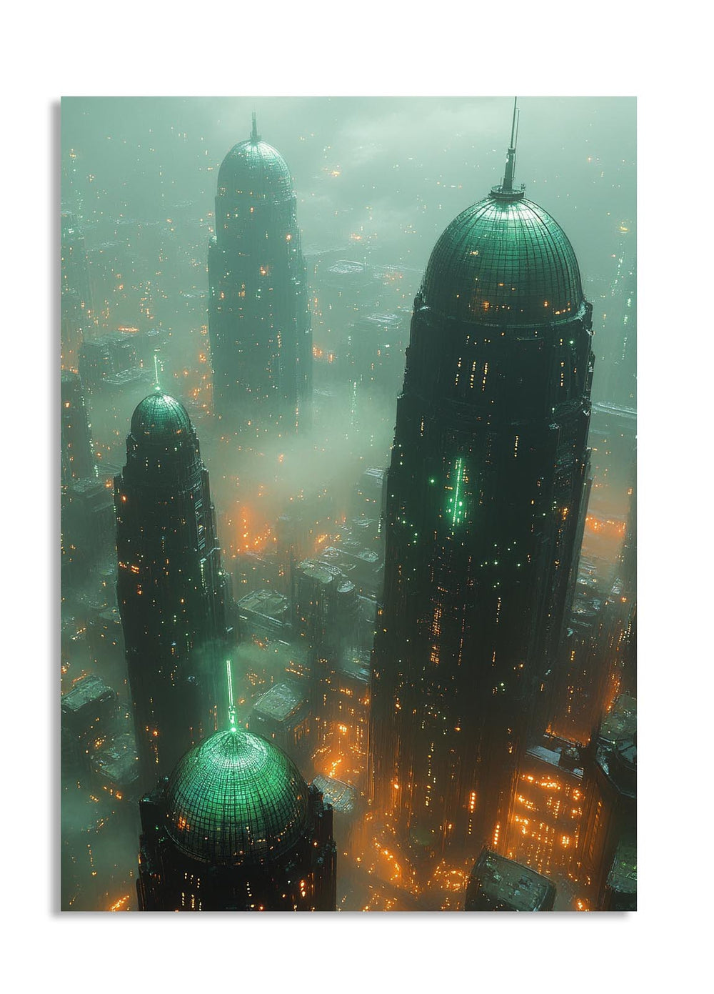 A futuristic cityscape with tall buildings under a greenish sky, as a premium aluminum metal print from GoMetalPrint.

