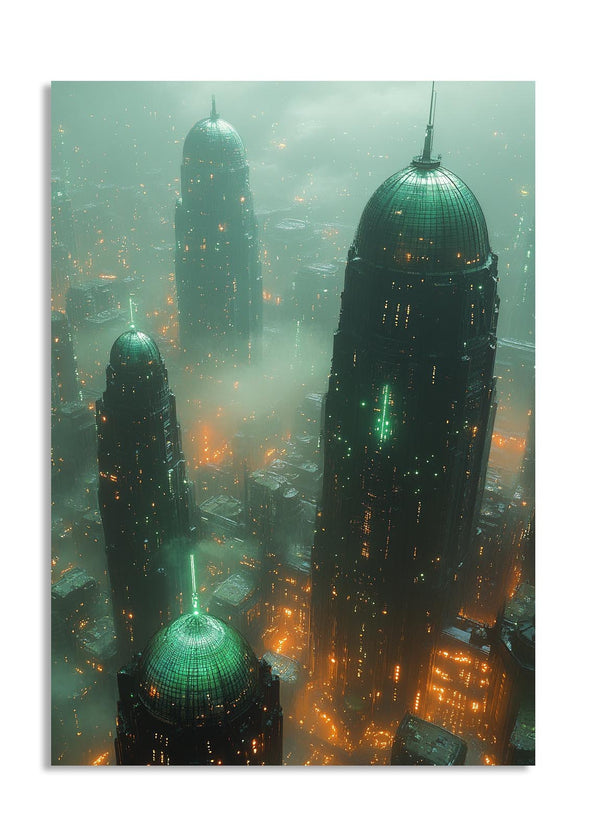 A futuristic cityscape with tall buildings under a greenish sky, as a premium aluminum metal print from GoMetalPrint.

