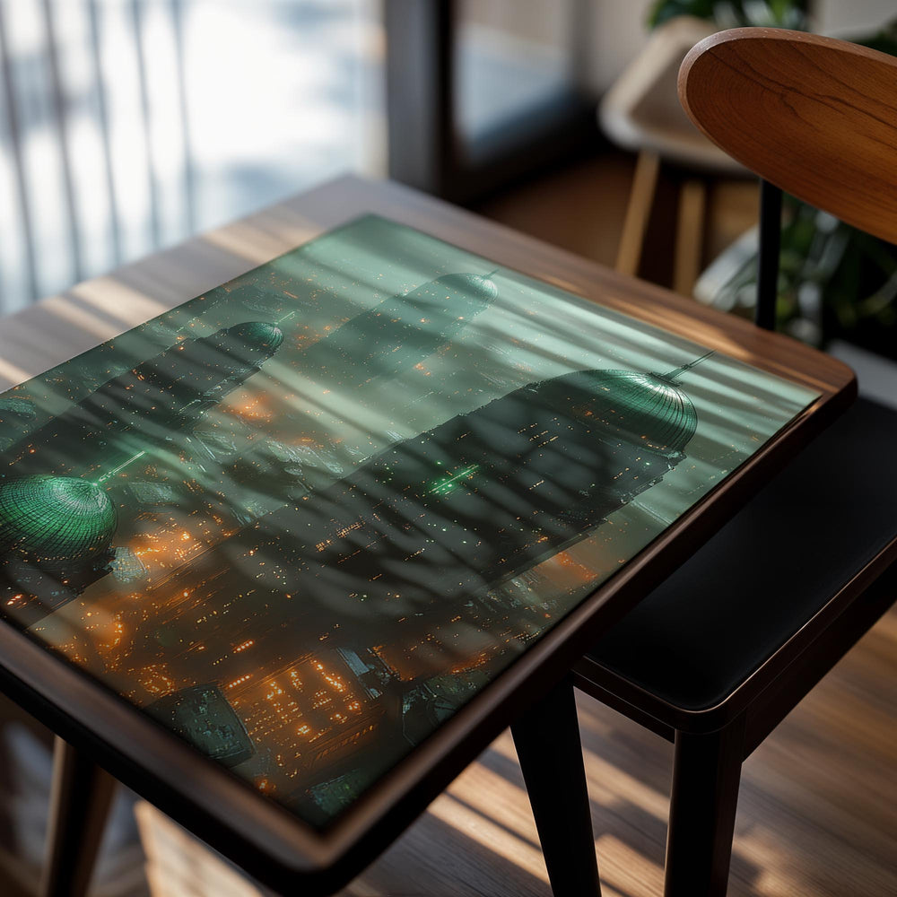 A futuristic cityscape with tall buildings under a greenish sky, as a premium aluminum metal print from GoMetalPrint.
