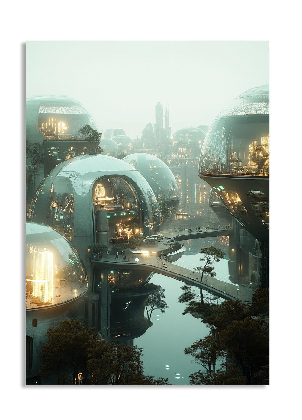Futuristic cityscape with dome-shaped buildings reflecting in water, as a premium aluminum metal print from GoMetalPrint.
