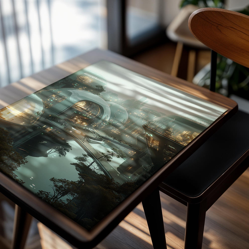 Futuristic cityscape with dome-shaped buildings reflecting in water, as a premium aluminum metal print from GoMetalPrint.
