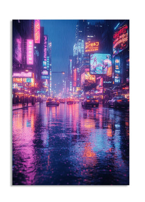 Neon-lit city street at night with reflective water surface, as a premium aluminum metal print from GoMetalPrint.
