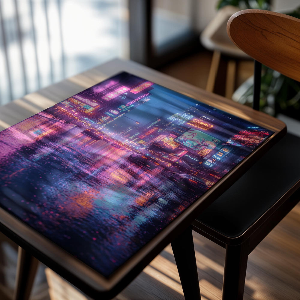 Neon-lit city street at night with reflective water surface, as a premium aluminum metal print from GoMetalPrint.
