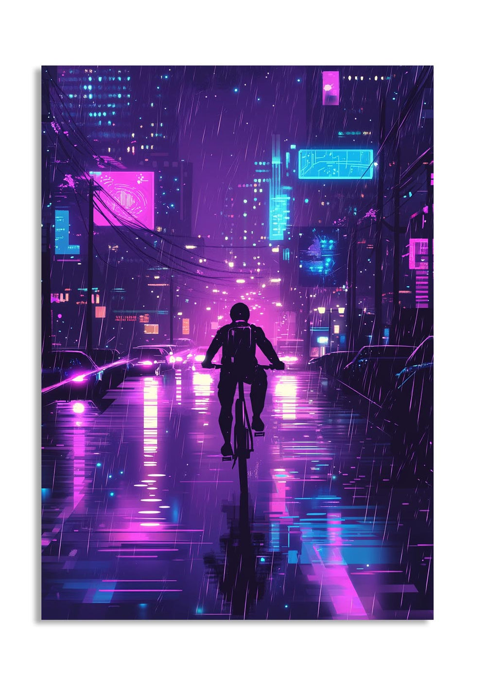 Person riding a bicycle in a futuristic city with neon lights, as a premium aluminum metal print from GoMetalPrint.
