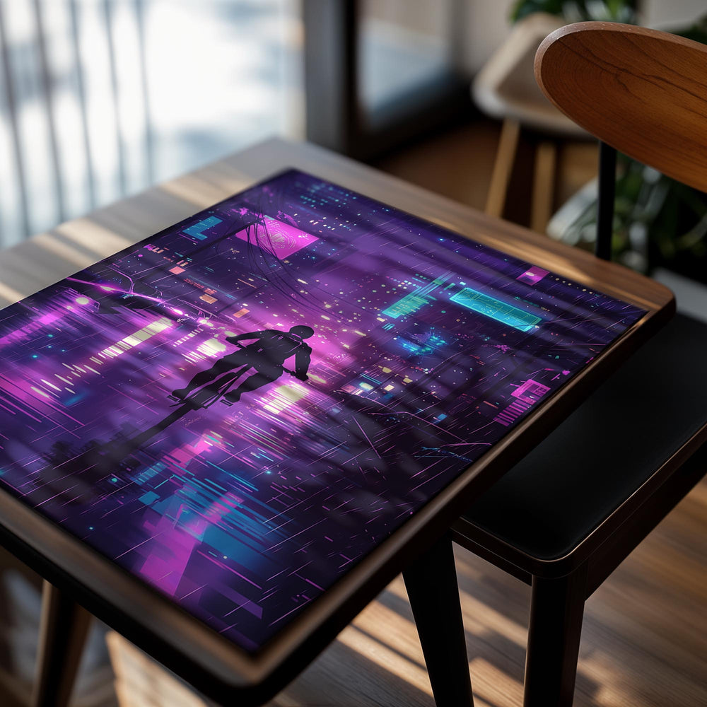 Person riding a bicycle in a futuristic city with neon lights, as a premium aluminum metal print from GoMetalPrint.
