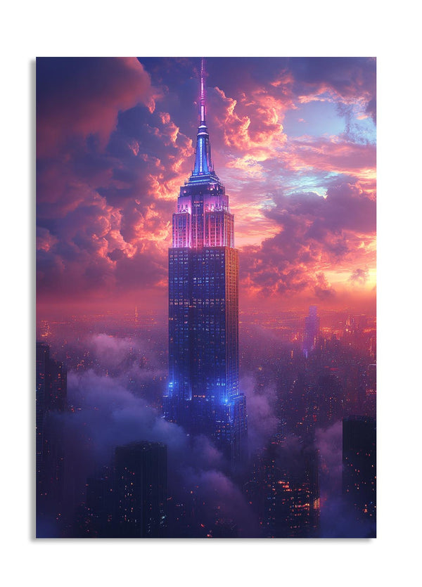Futuristic cityscape with a tall building under a colorful sky, as a premium aluminum metal print from GoMetalPrint.
