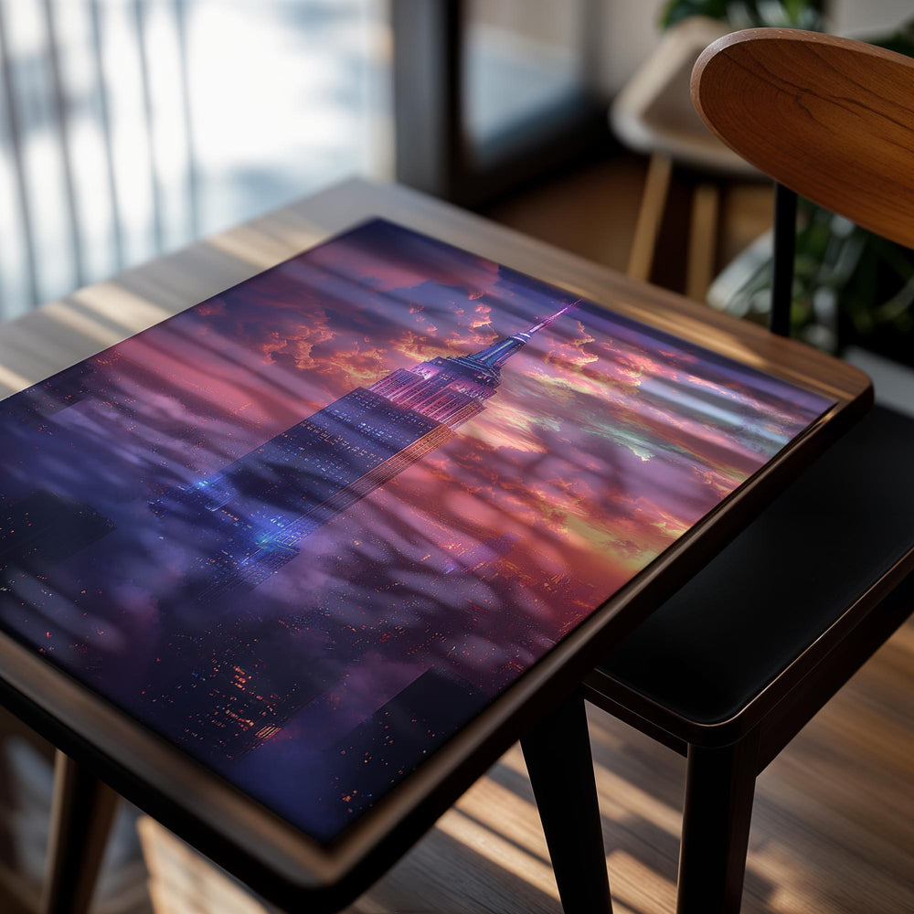 Futuristic cityscape with a tall building under a colorful sky, as a premium aluminum metal print from GoMetalPrint.
