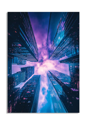 Futuristic cityscape with neon lights and a starry sky, as a premium aluminum metal print from GoMetalPrint.
