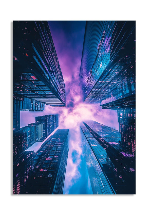 Futuristic cityscape with neon lights and a starry sky, as a premium aluminum metal print from GoMetalPrint.
