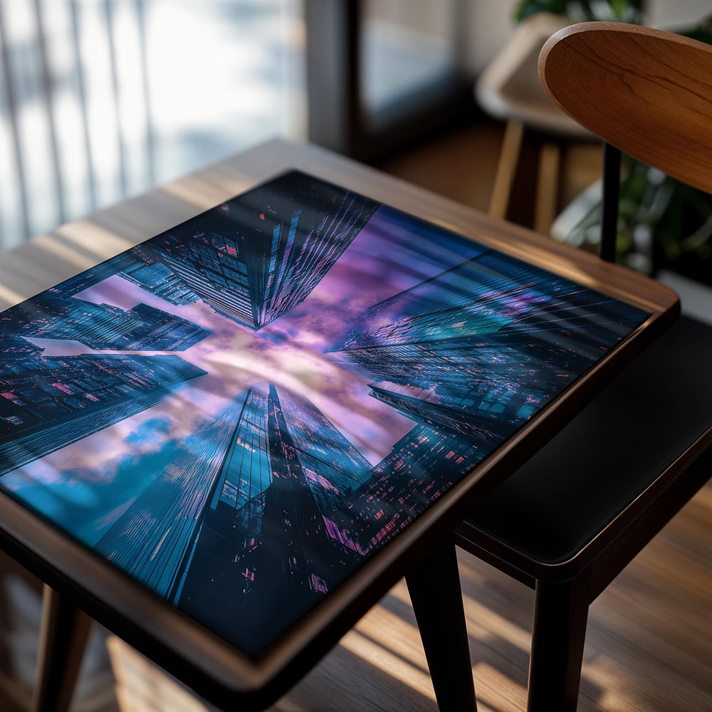 Futuristic cityscape with neon lights and a starry sky, as a premium aluminum metal print from GoMetalPrint.
