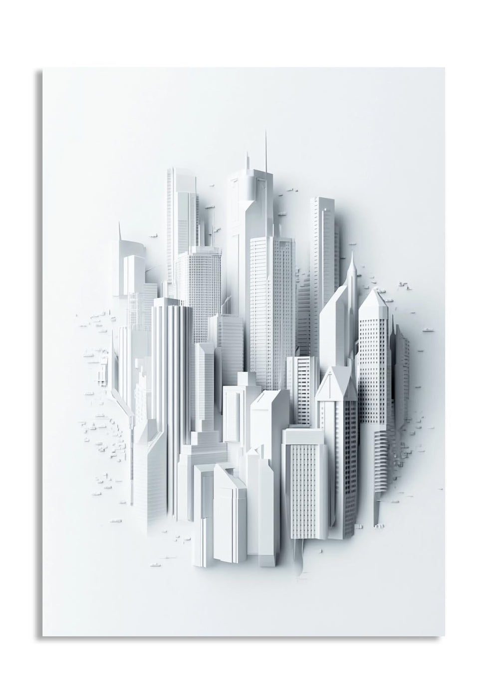 3D model of a city skyline on a white background, as a premium aluminum metal print from GoMetalPrint.
