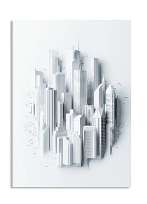 3D model of a city skyline on a white background, as a premium aluminum metal print from GoMetalPrint.
